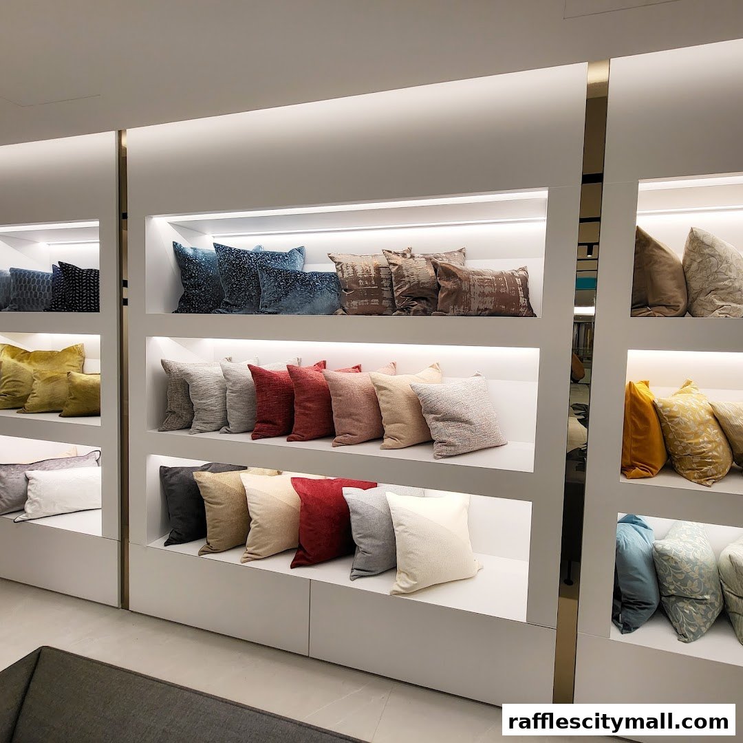 A display of various decorative pillows on shelves in a retail store.