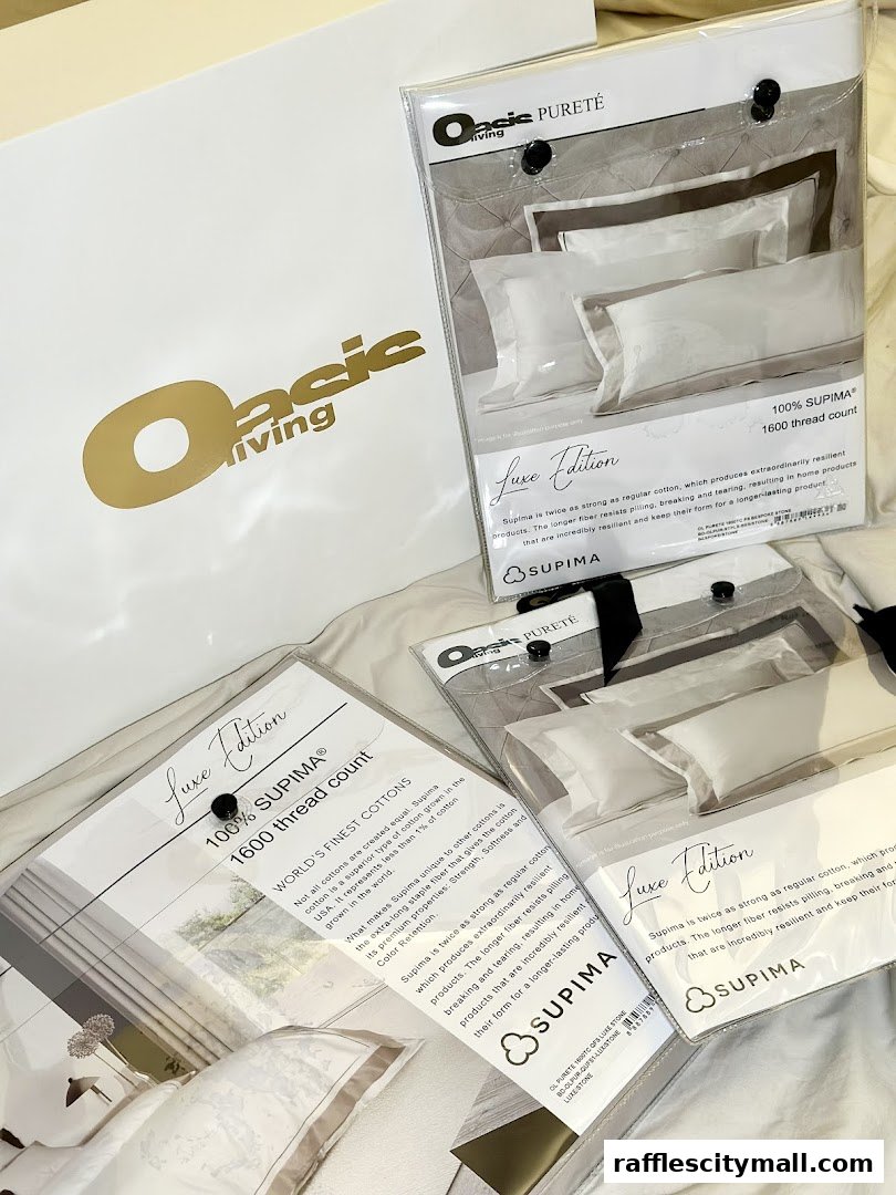 Oasis Living Singapore products including bedding sets and a branded shopping bag.