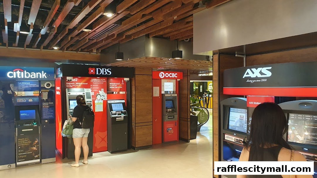 A row of ATMs from different banks including Citibank, DBS, OCBC, and AXS stations.