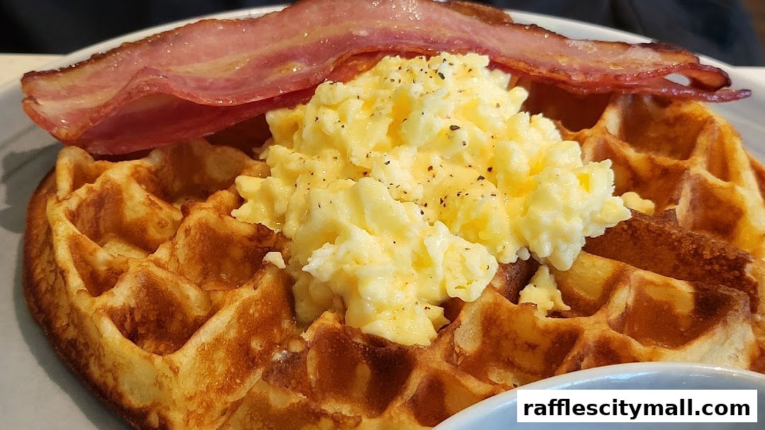 A close-up of a waffle topped with scrambled eggs and bacon.