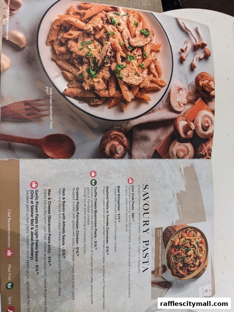 A menu featuring various pasta dishes with descriptions and prices.