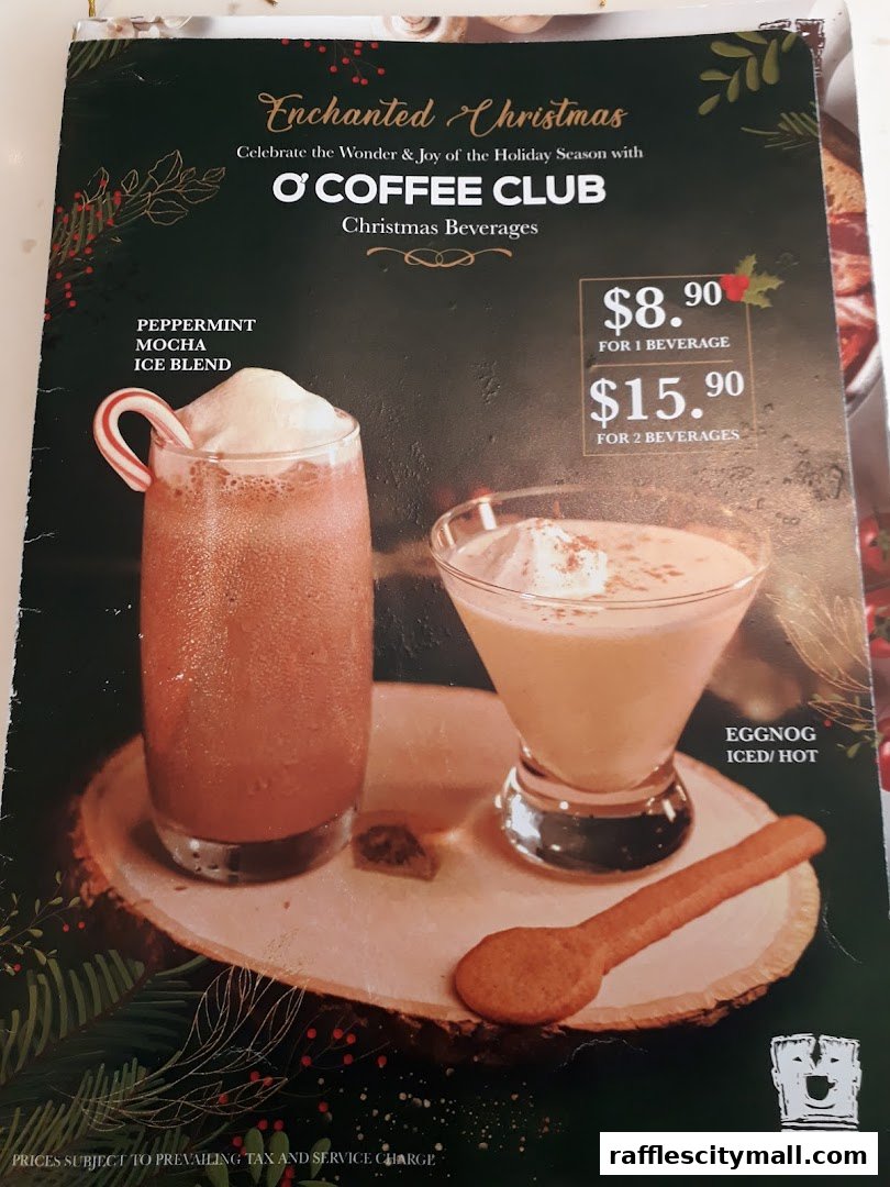 A menu featuring O'Coffee Club's Christmas beverages, including Peppermint Mocha and Eggnog.