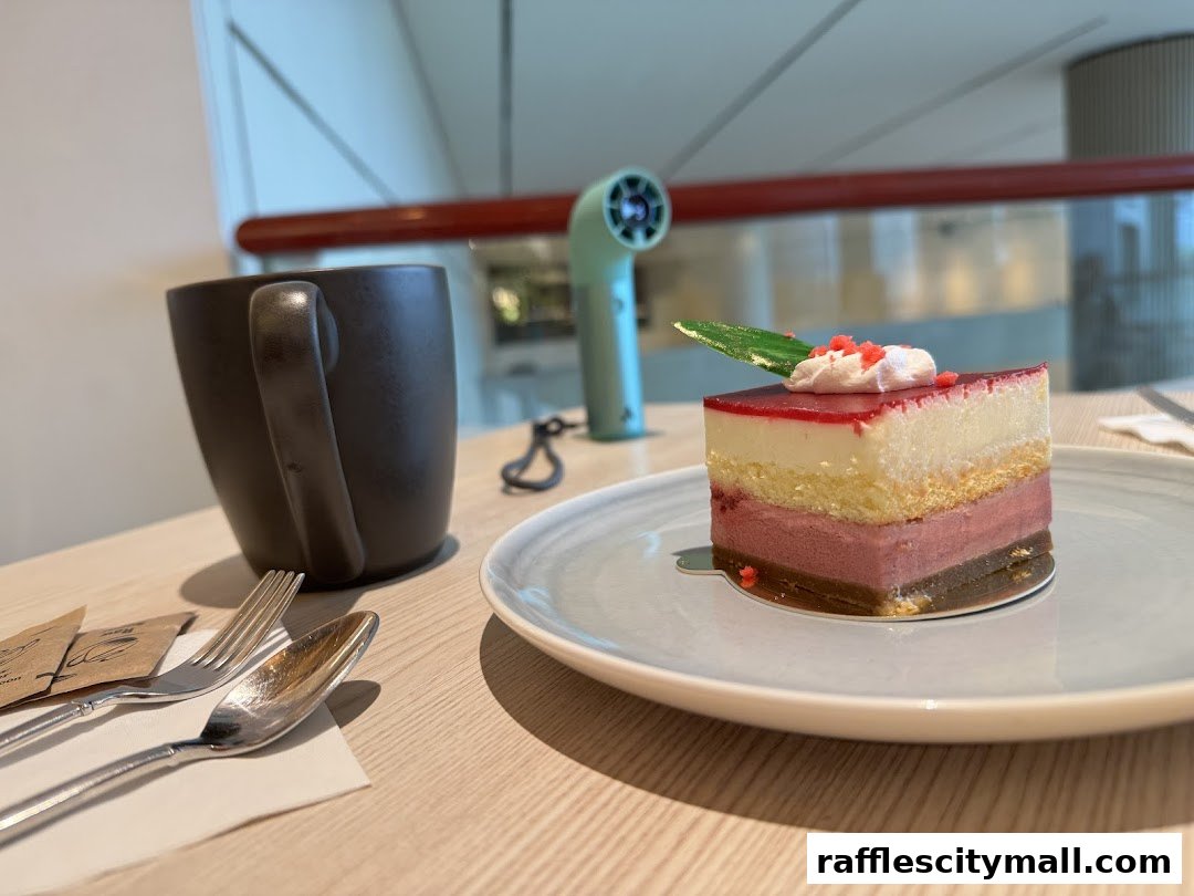 A slice of layered cake with a cup of coffee and cutlery on a table.