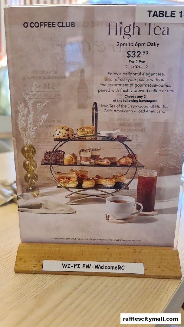 A menu for O'Coffee Club's High Tea, featuring savouries and beverages.