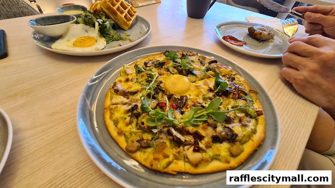 A close-up of a delicious pizza with a fried egg on top, served at a table.