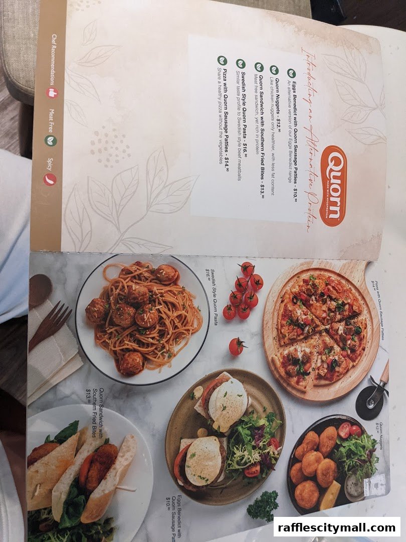 A menu showcasing various Quorn-based dishes, including pasta, pizza, sandwiches, and breakfast items.