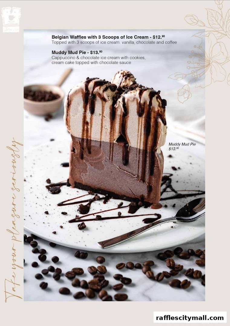 A decadent slice of Muddy Mud Pie with ice cream and chocolate sauce.