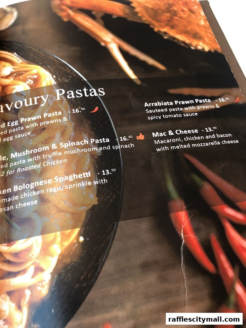 A menu page showcasing various pasta dishes with enticing descriptions and prices.
