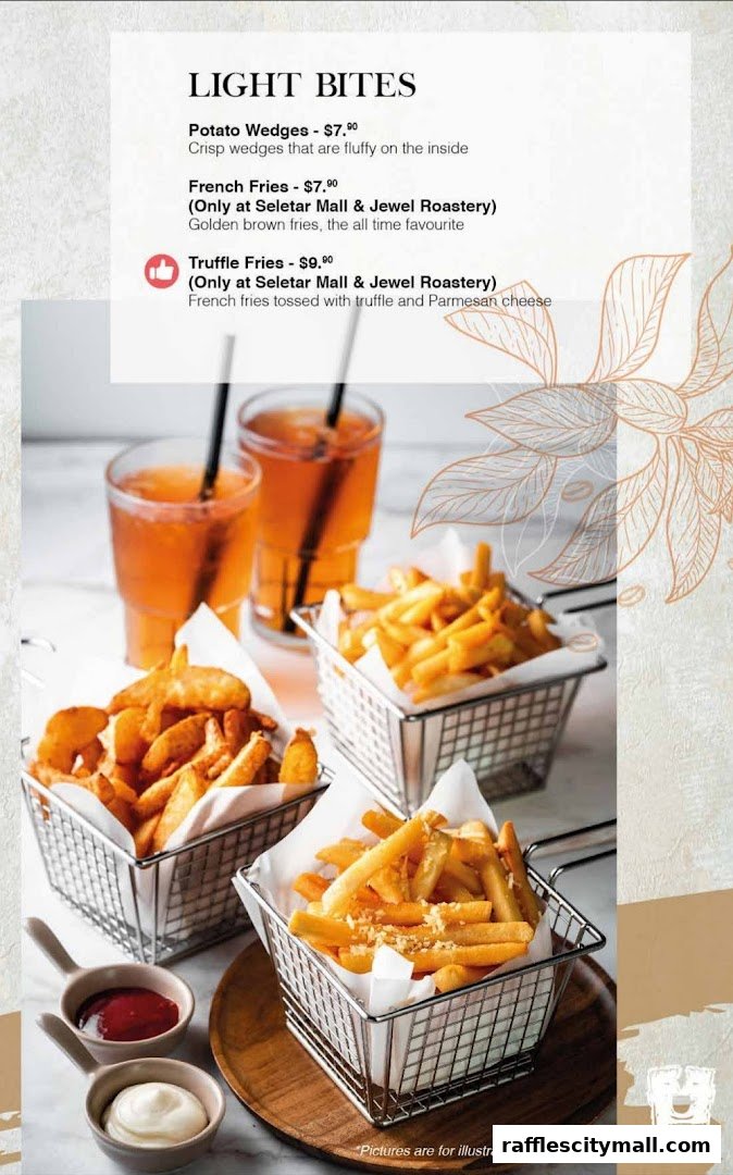 A menu featuring 'Light Bites' with potato wedges, french fries, and truffle fries.