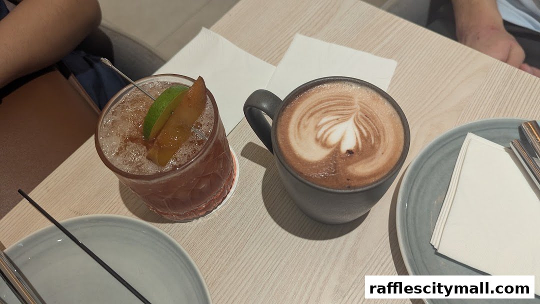 A close-up of a latte with latte art and a cocktail with fruit garnish on a table.