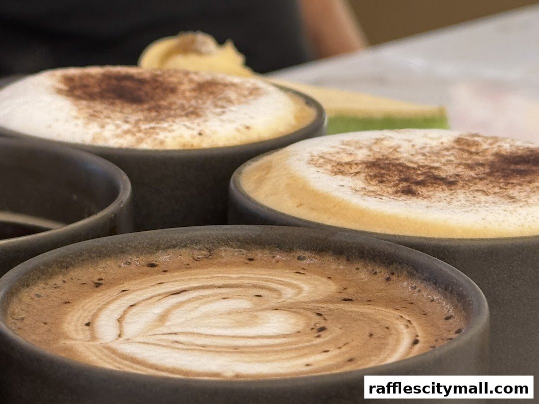Close-up of several cups of coffee with latte art and sprinkled cinnamon.