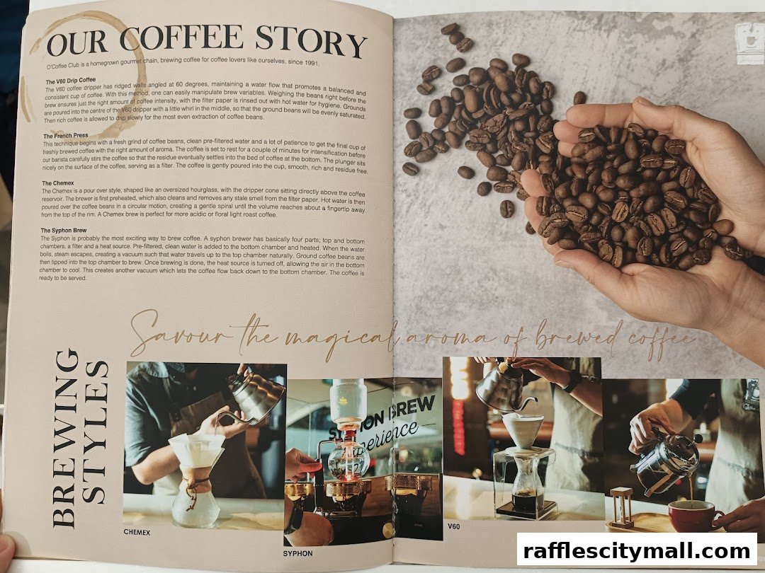 A spread detailing coffee brewing methods with text and images of coffee beans and brewing processes.