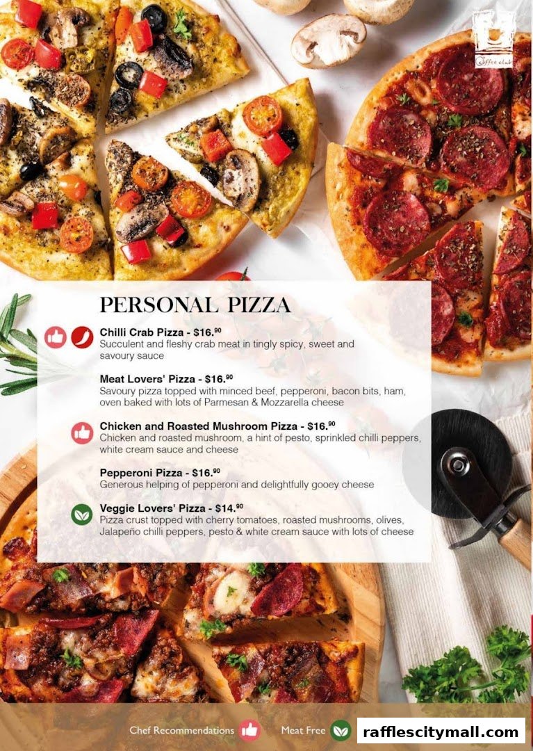 A menu featuring personal pizzas with various toppings and descriptions.