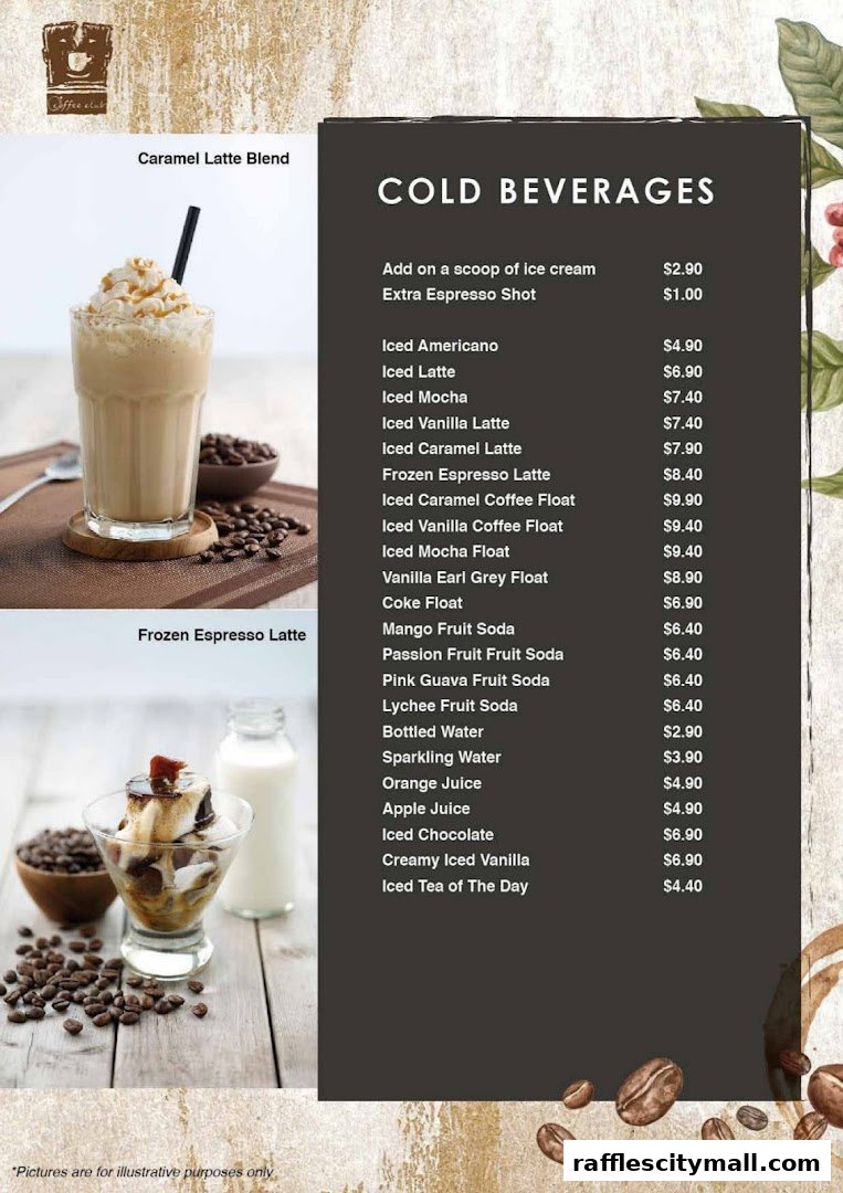 A menu for O'Coffee Club Raffles City featuring cold beverages and enticing coffee blends.