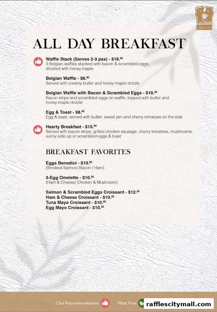 A menu from OCoffee Club Raffles City featuring all-day breakfast and breakfast favorites.