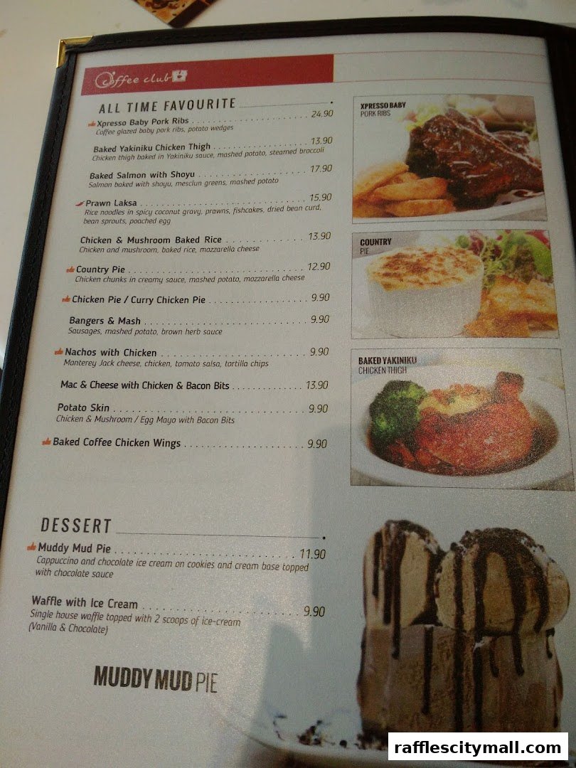 A menu from The Coffee Club featuring all-time favorite dishes and desserts.