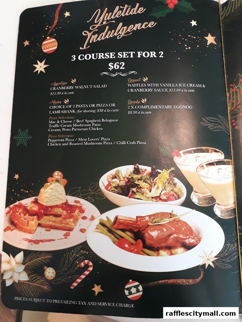 A menu for a 'Yuletide Indulgence' 3-course set for 2, featuring various dishes and drinks.