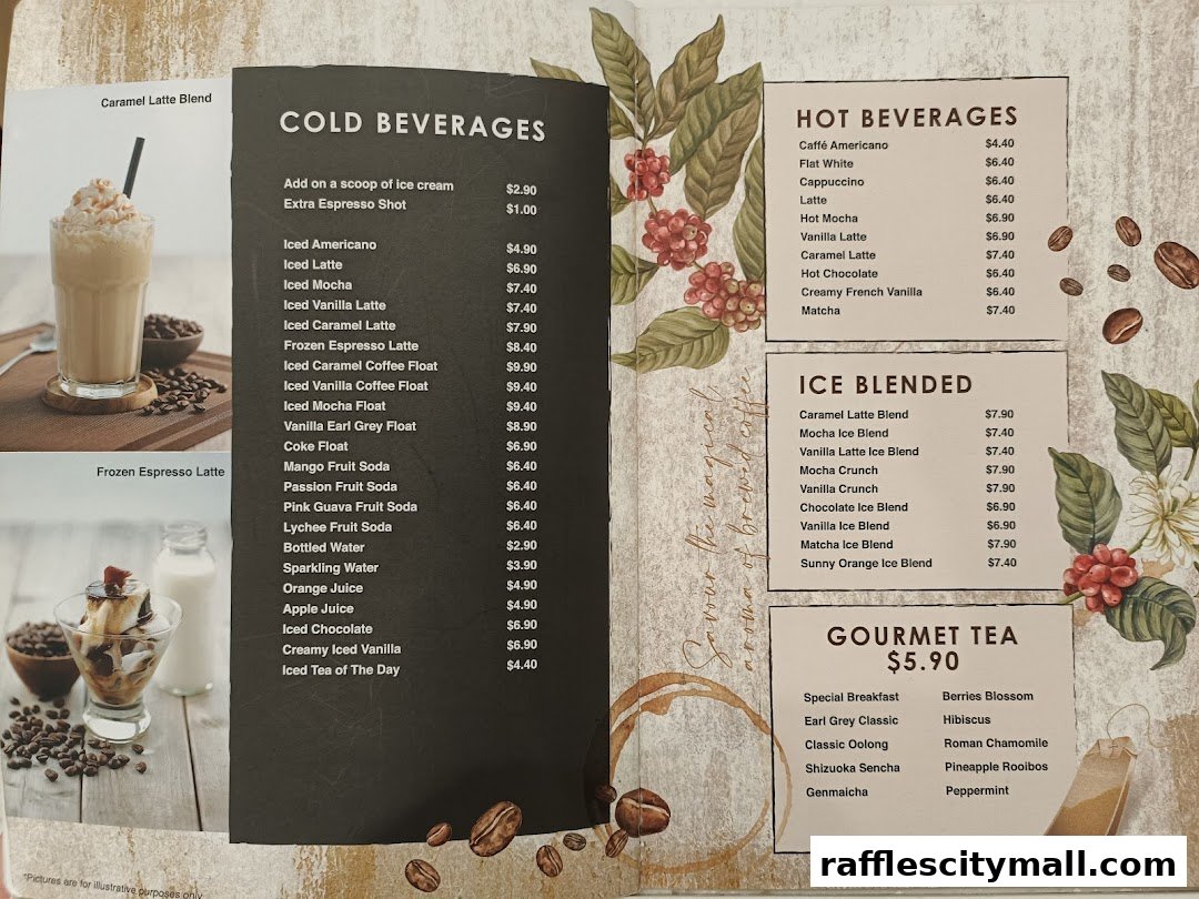 A menu from O'Coffee Club featuring hot, cold, ice blended beverages, and gourmet teas.