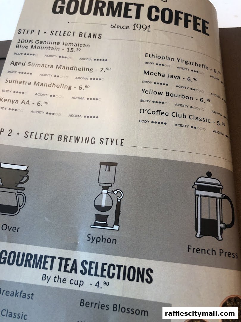 A menu showcasing gourmet coffee beans and brewing styles, alongside gourmet tea selections.