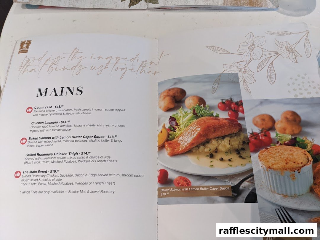 A menu page from O'Coffee Club featuring 'Mains' with descriptions and prices.