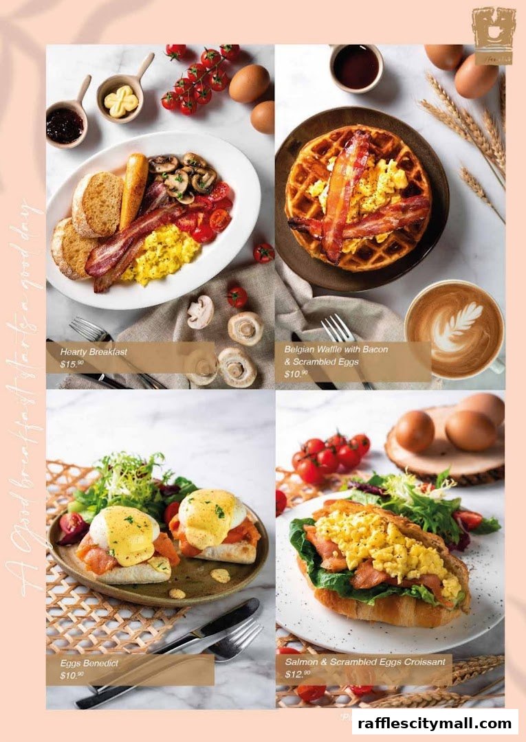 A collage of four breakfast dishes, including a hearty breakfast, waffle, eggs benedict, and croissant sandwich.