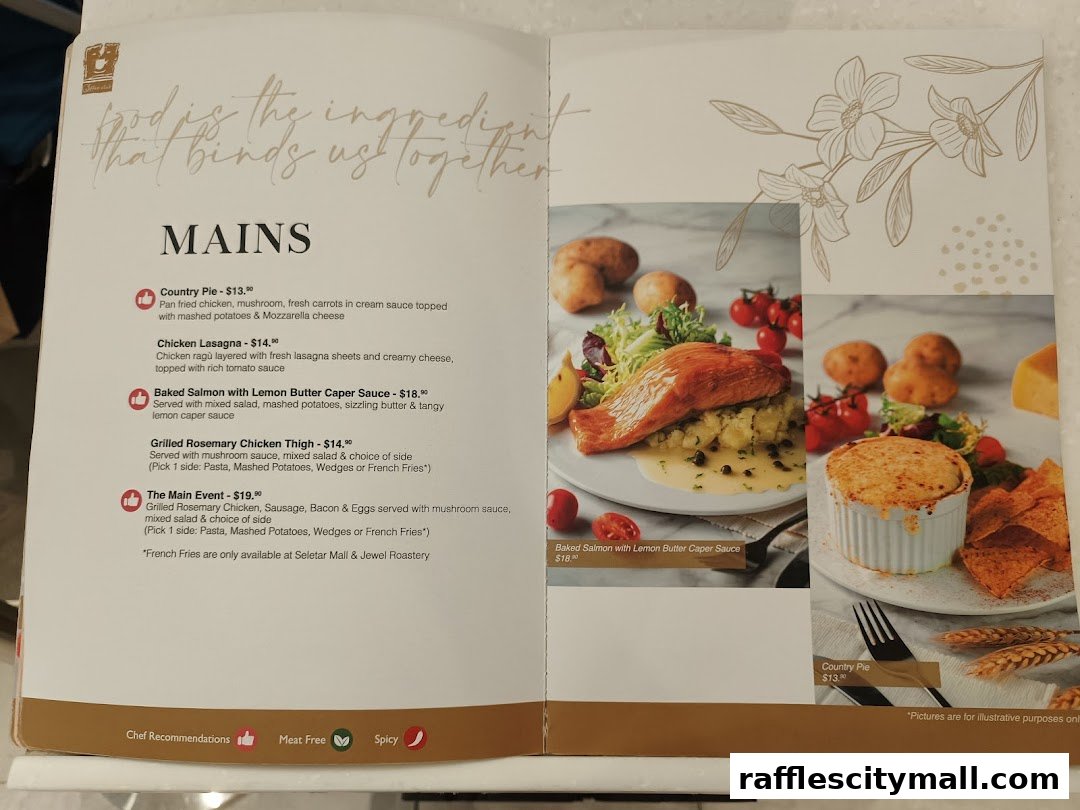 A menu page from O'Coffee Club featuring 'Mains' with descriptions and prices, alongside appealing food photography.