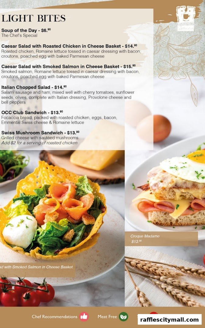 A menu featuring light bites including salads, sandwiches, and a Croque Madame.