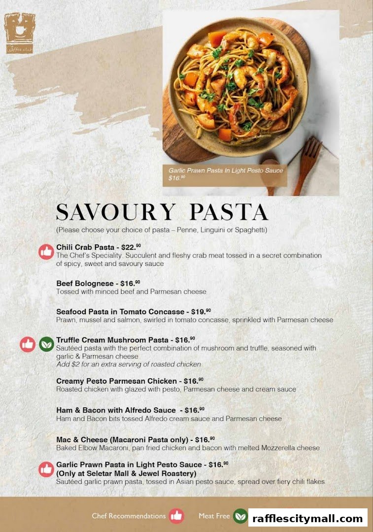 A menu showcasing various savory pasta dishes with descriptions and prices.