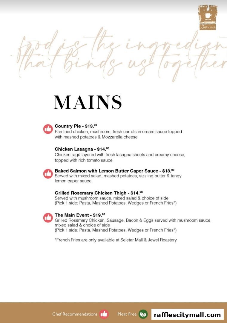 A menu page from OCoffee Club featuring their 'Mains' section with various dishes and prices.