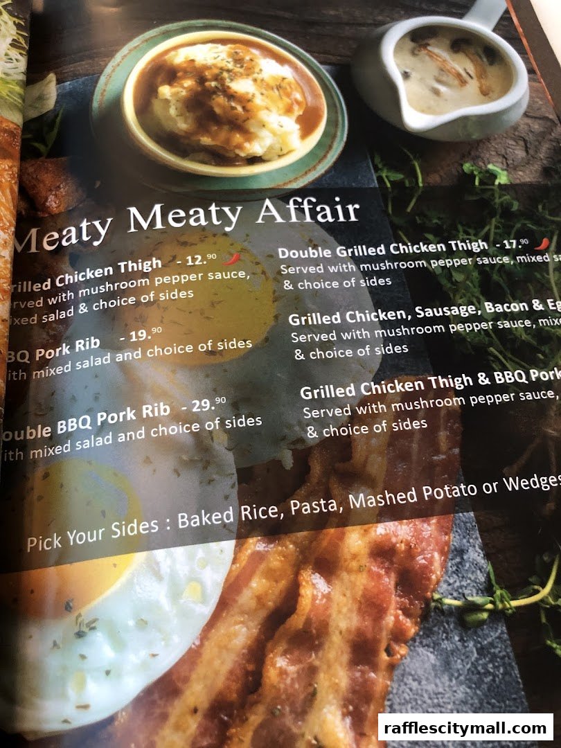 A menu page featuring 'Meaty Meaty Affair' dishes with descriptions and prices.