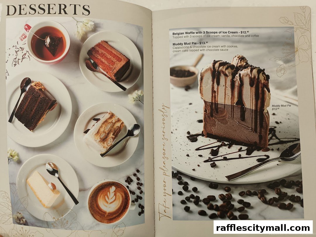 A menu page showcasing various desserts including cakes, waffles, and coffee.