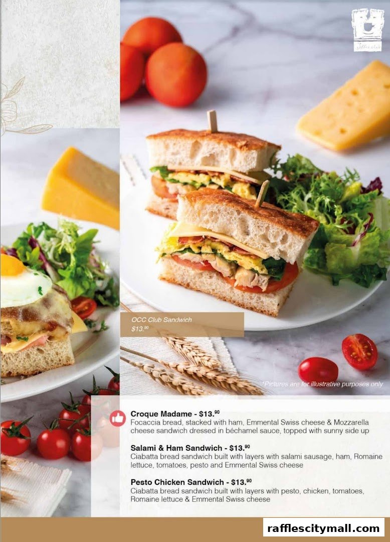 A menu featuring sandwiches from O'Coffee Club Raffles City, with appetizing images.