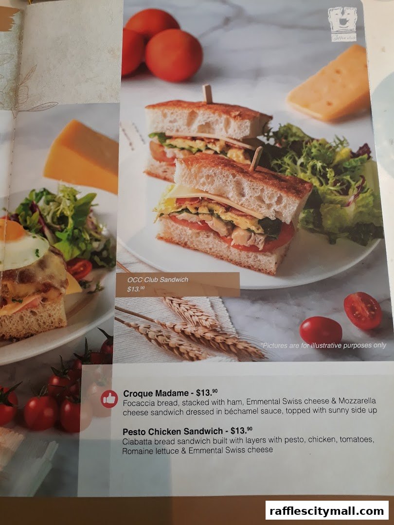 A menu page showcasing sandwiches with descriptions and prices.