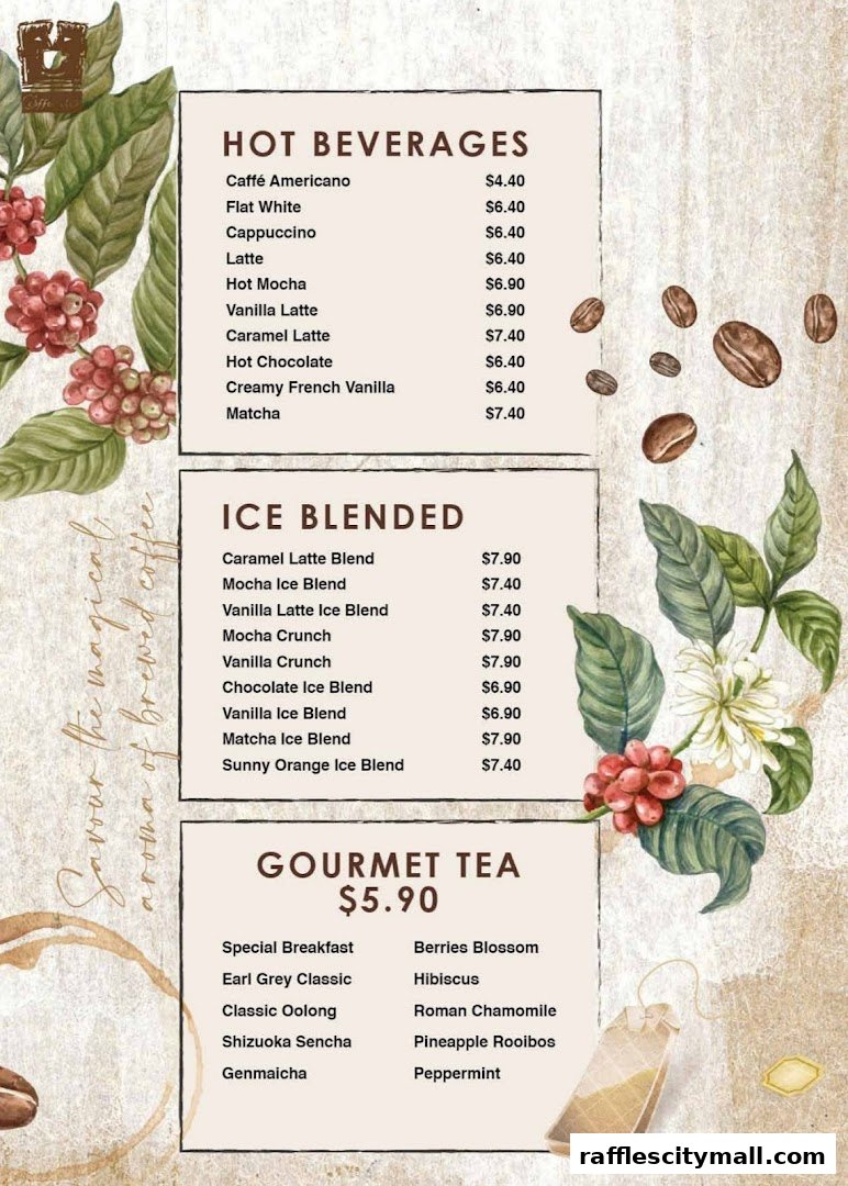 A menu from O'Coffee Club featuring hot beverages, ice blended drinks, and gourmet teas.