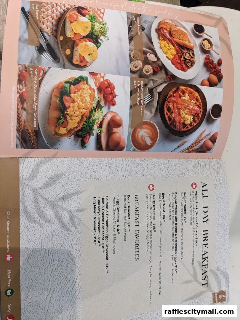 A menu showcasing various breakfast dishes with appealing food photography.