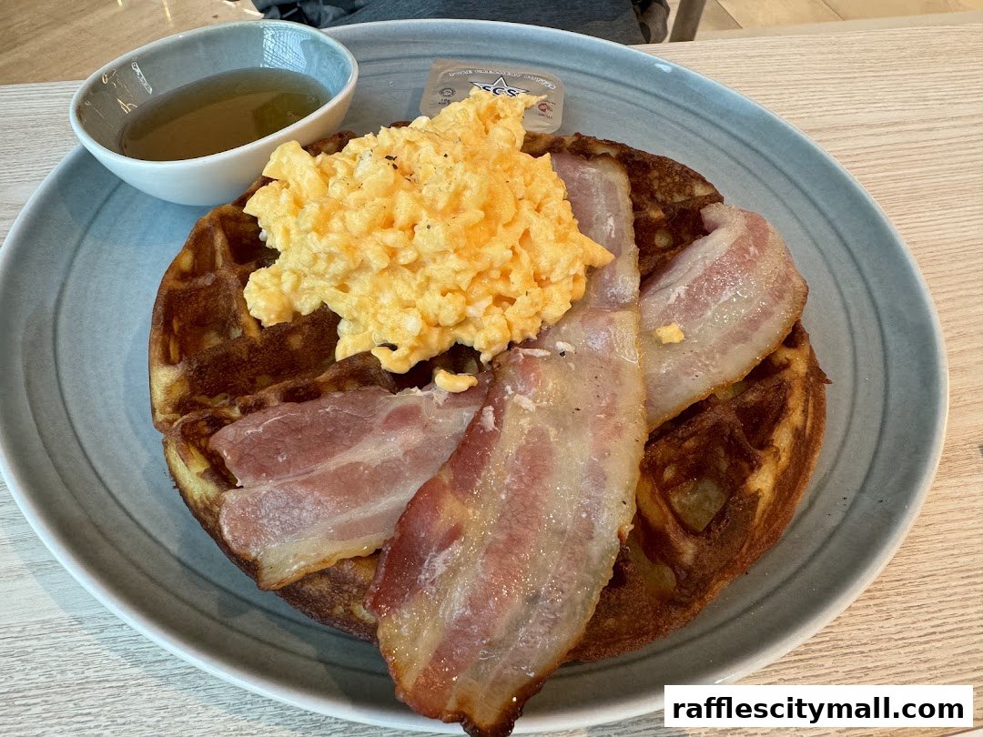 A delicious waffle breakfast with scrambled eggs, bacon, and a side of syrup.
