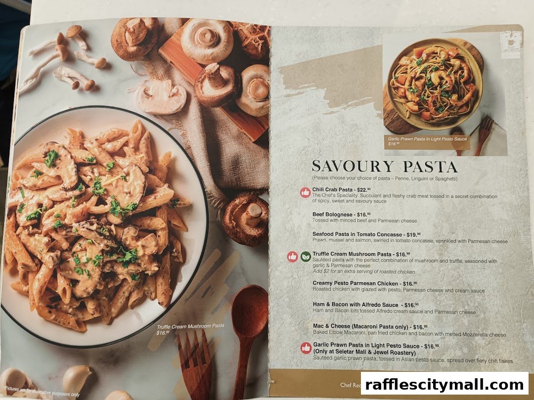 A menu page showcasing various savory pasta dishes with enticing descriptions and prices.