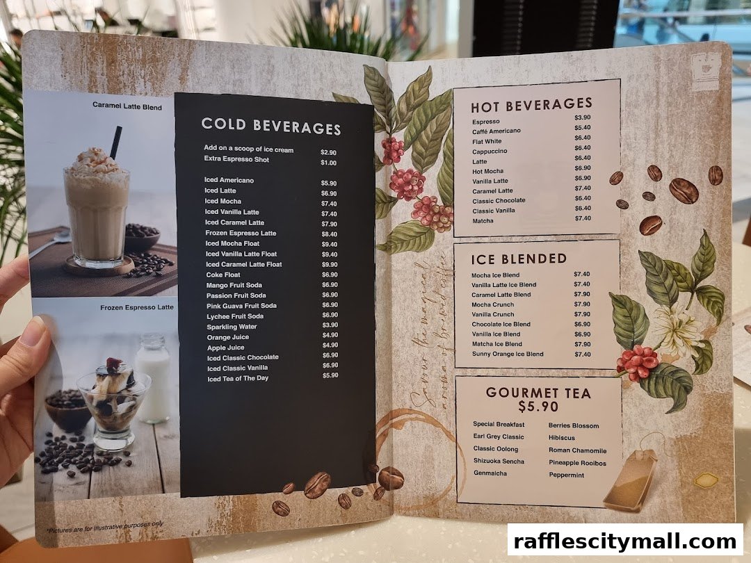 A menu from O'Coffee Club Raffles City featuring hot beverages, cold beverages, ice blended drinks, and gourmet teas.