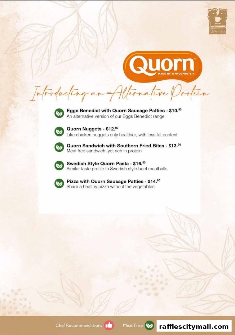 A menu showcasing Quorn's alternative protein dishes, including breakfast, nuggets, sandwiches, pasta, and pizza.