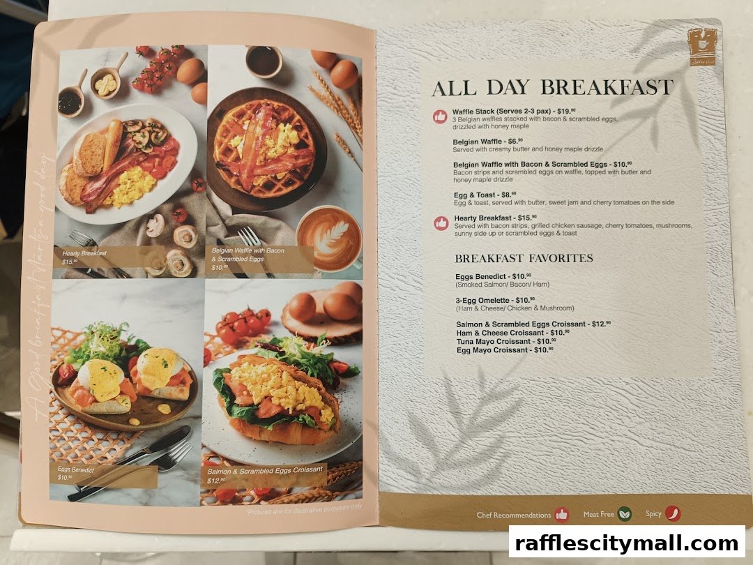 A menu showcasing various breakfast items with appealing food photography.