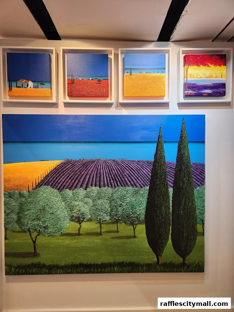 A collection of vibrant landscape paintings featuring fields, trees, and skies.