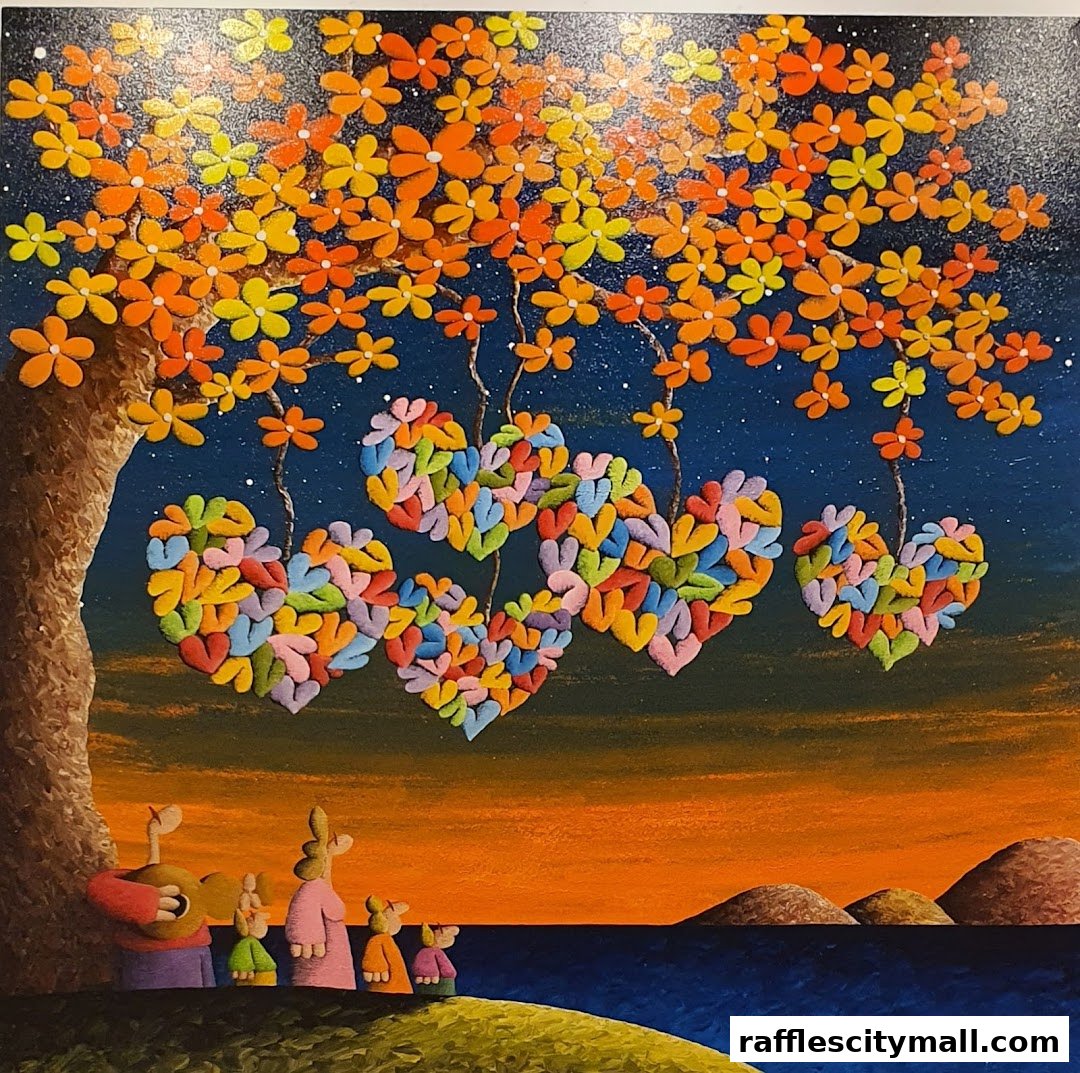 A whimsical painting of a tree with heart-shaped fruits and a family enjoying music at sunset.