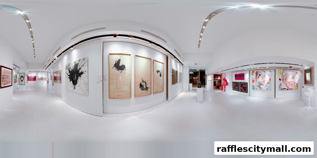Interior view of a modern art gallery showcasing diverse paintings and sculptures.