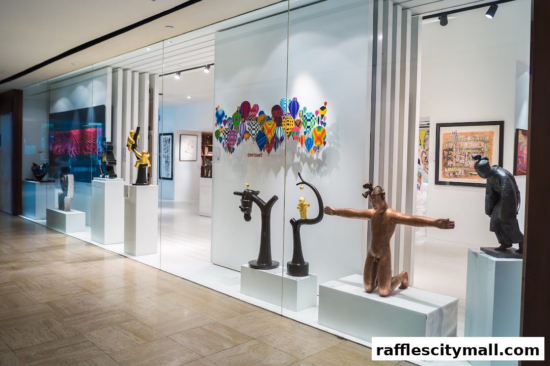 A modern art gallery showcasing various sculptures and paintings in a well-lit interior.