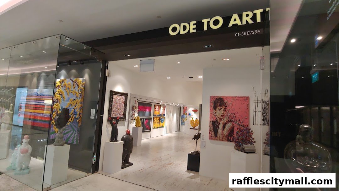 The entrance to Ode To Art gallery, showcasing various paintings and sculptures.