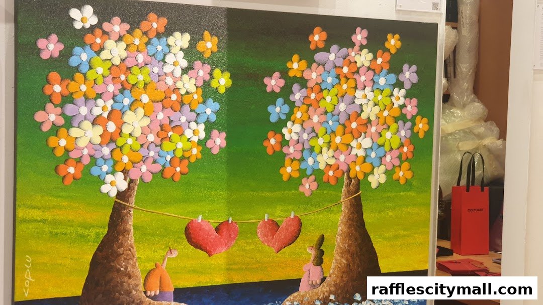 A vibrant painting of two trees with colorful flowers and hearts hanging between them.