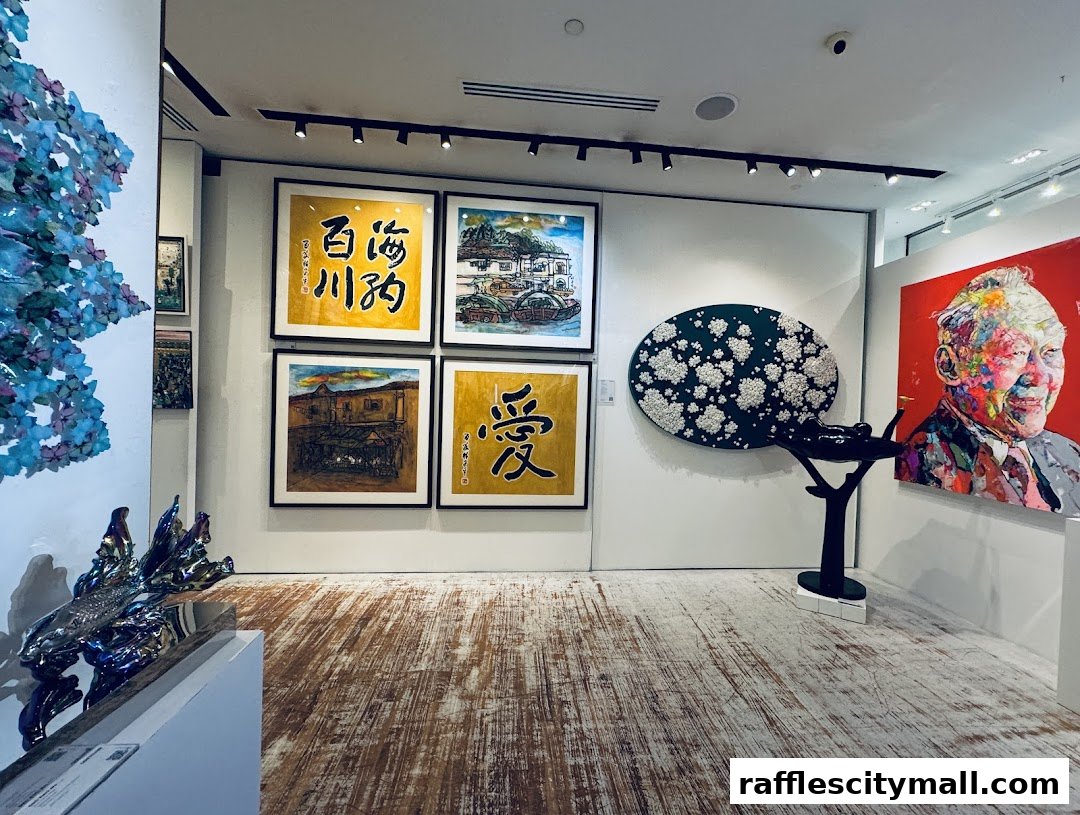 Interior view of an art gallery showcasing various paintings and sculptures.