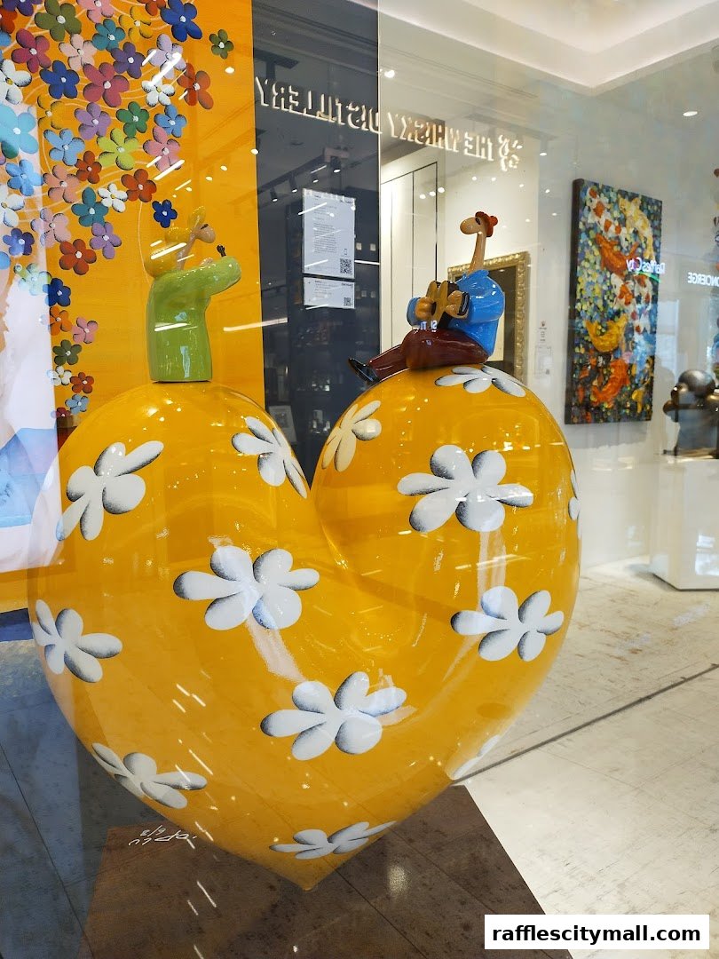 A vibrant yellow heart sculpture with white flowers and a whimsical character inside a shop window.