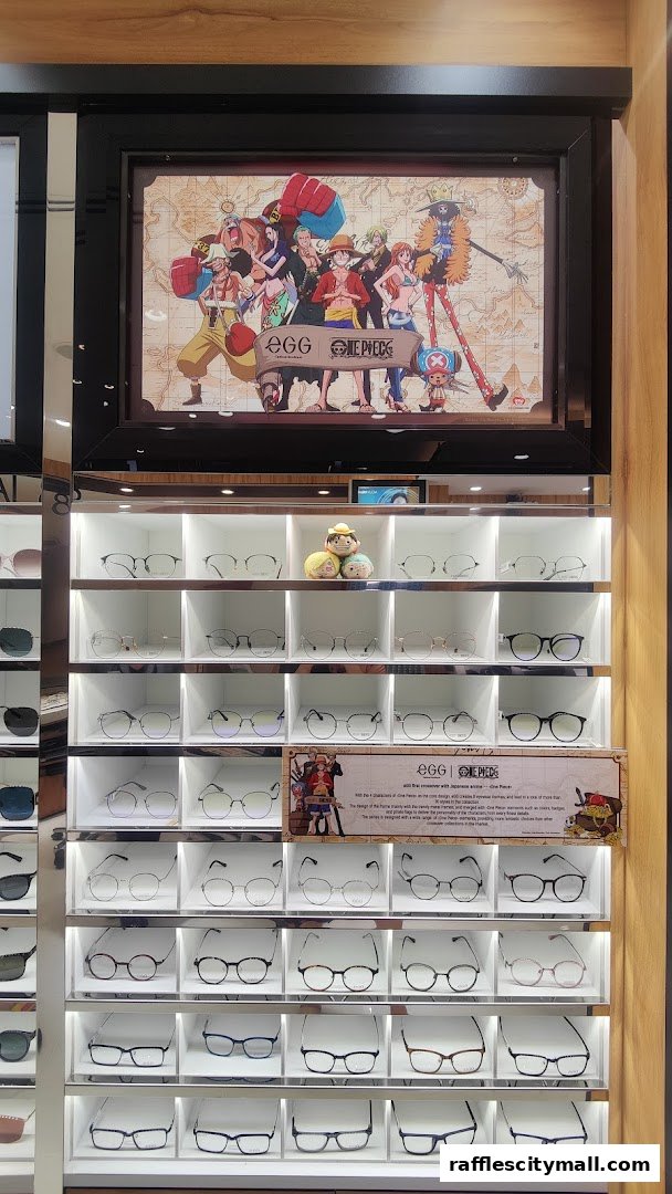 A display of eyeglasses with a One Piece themed advertisement above.