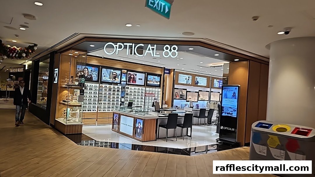 Optical 88 shop front displaying a wide selection of eyewear and promotional screens.